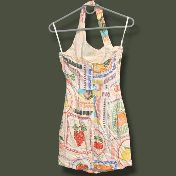 Seven Wonders Colorful Fruit Print Asymmetric Halter Fitted Agata Mini Dress - Picture 3 of 13